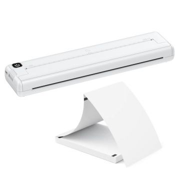 Mini imprimanta termica, model ultra portabil, de dimensiuni reduse, fara fir, nu necesita tus, A4, Bluetooth, aplicatie compatibila cu iOS / Android, acumulator 1000 mAh, 100 foi incluse, alb