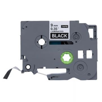 Banda laminata etichete compatibila Brother TZe-325, latime 9 mm imprimare culoare alb pe fundal negru