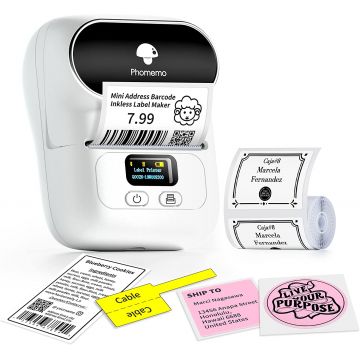 Imprimanta Termica Portabila, Phomemo, M110, Bluetooth, Aplicatie, Compacta, Compatibil cu Windows, Apple IOS si Android, Alb