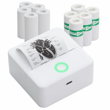 Mini imprimanta portabila, Bluetooth, aplicatie pe telefon, compatibil IOS/Android, termica, fara toner, baterie integrata, 5 role autoadezive + 5 role simple incluse, EALMEU