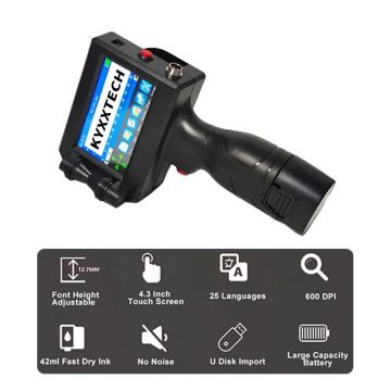 Imprimanta Inkjet portabila, Imprimare Logo, Coduri de Bare, Date expirare, Coduri QR, pentru metal, plastic, sticla, pvc, carton, oua Cerneala uscare rapida, rezistenta la transfer, Dimensiune imprimare 1-12.7 mm, negru