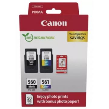 Canon Pachet cartuse cerneala Canon Photo Value Pack 3713C008AA, PG-560 , CL-561 Color + 50 Coli foto 10x15 cm, Negru