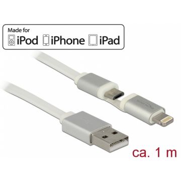 Cablu de date + incarcare micro USB cu adaptor Lightning MFI T-T 1m, Delock 83773*