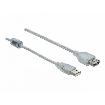 Cablu prelungitor USB 2.0 T-M cu ferita 1.5m transparent, Delock 83882