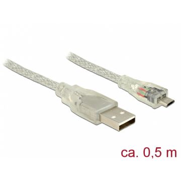 Cablu USB la micro USB-B 2.0 0.5m transparent, Delock 83897