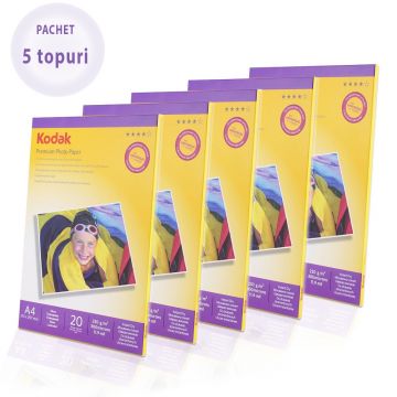 Pachet 5 topuri hartie foto Glossy Kodak, 230 g format A4, 100 coli
