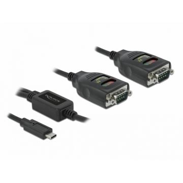 Adaptor USB Type-C la 2 x Serial RS-232 DB9 FTDI cu protectie 15 kV ESD, Delock 90494