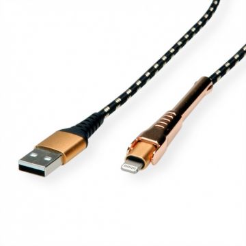Cablu de date + incarcare GOLD USB la iPhone Lightning MFI T-T 1m + suport smartphone, Roline 11.02.8923*