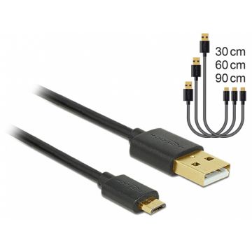 Cablu de date si incarcare Fast/Quick Charging (incarcare rapida) USB 2.0 la micro USB-B 3 buc/set Negru, Delock 83680
