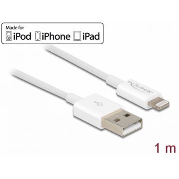 Cablu de date si incarcare iPhone/iPad/iPod Lightning MFI 1m Alb, Delock 83000
