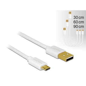 Cablu de date si incarcare Quick/Fast Charging (incarcare rapida) USB 2.0 la micro USB-B 3 buc/set Alb, Delock 83679