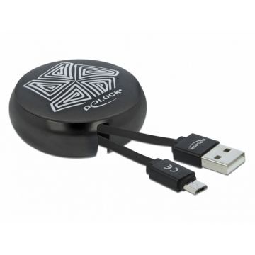 Cablu de date si incarcare USB 2.0 la micro USB-B retractabil Negru, Delock 85818