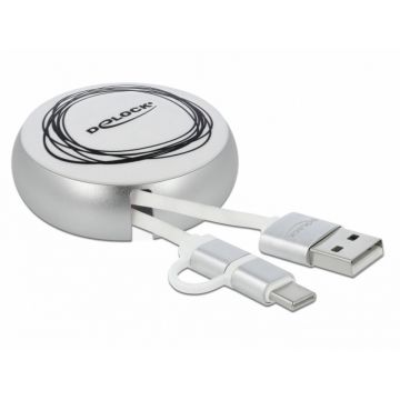 Cablu de date si incarcare USB 2.0 la micro USB-B + USB-C Alb/Argintiu, Delock 85821