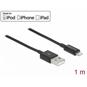 Cablu de date si incarcare USB la Apple Lightning MFI 1m Negru, Delock 83002