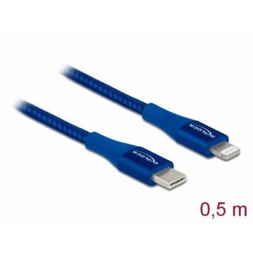 Cablu de date si incarcare USB Type-C la Lightning MFI Blue 0.5m, Delock 85415