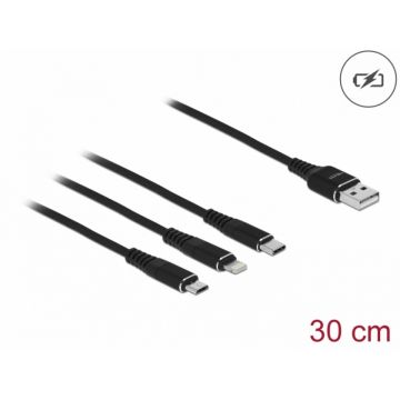 Cablu de incarcare USB-A la Lightning / Micro USB / USB Type C 0.3m Negru, Delock 87152