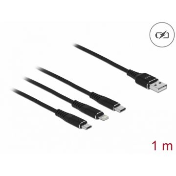 Cablu de incarcare USB-A la Lightning / Micro USB / USB Type C 1m Negru, Delock 87155