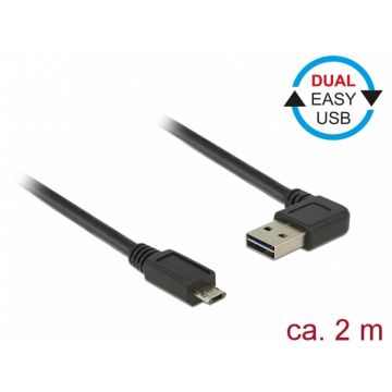 Cablu EASY-USB 2.0 tip A unghi stanga/dreapta la micro USB-B EASY-USB T-T 2m Negru, Delock 85166