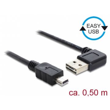 Cablu EASY-USB 2.0 tip A unghi stanga/dreapta la mini USB T-T 0.5m Negru, Delock 85175