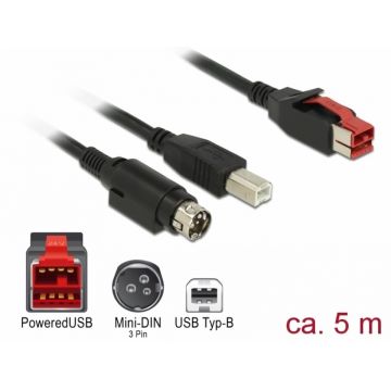Cablu PoweredUSB 24V la USB-B + Hosiden Mini-DIN 3 pini 5m pentru POS/terminale, Delock 85491