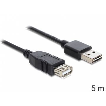 Cablu prelungitor EASY-USB 2.0-A la USB 2.0-A T-M 5m Negru, Delock 83373