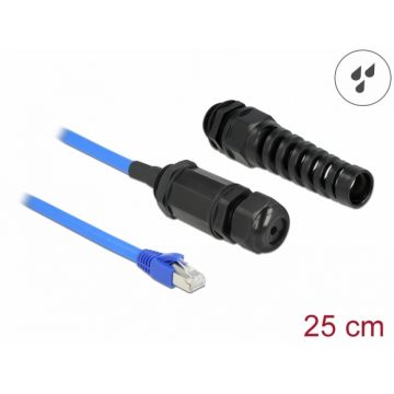 Cablu prelungitor RJ45 Cat.6 waterproof si protectie indoire 0.25m Bleu, Delock 66809