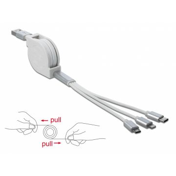 Cablu USB 3 in 1 de incarcare retractabil iPhone Lightning / USB-C / micro USB-B Alb, Delock 85850