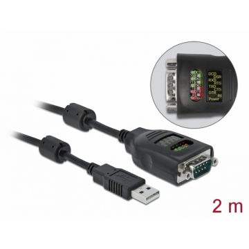 Cablu USB-A la Serial RS-232 DB9 FTDI cu LED 2m, Delock 90497