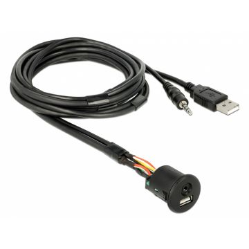 Cablu USB + jack stereo 3.5 mm 4 pini la USB + jack stereo 3.5 mm 4 pini (audio) T-M 2m Negru, Delock 85718
