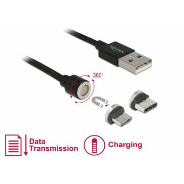 Cablu USB magnetic date + incarcare Micro USB / USB-C 1.1m Negru, Delock 85723