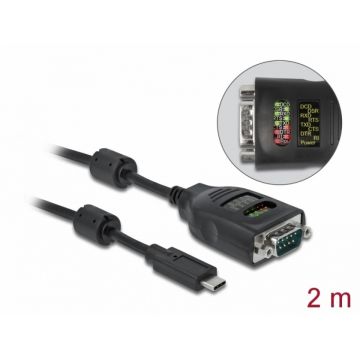 Cablu USB type C la Serial RS-232 DB9 FTDI cu LED 2m, Delock 90414