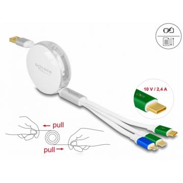 Cablu 3 in 1 retractabil USB la micro USB/2 x USB Type-C Fast Charging Alb, Delock 85358