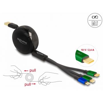 Cablu 3 in 1 retractabil USB la micro USB/2 x USB Type-C Fast Charging Negru, Delock 85359