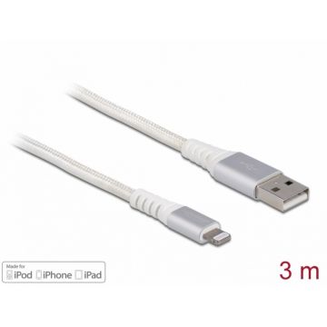 Cablu date + incarcare USB la Apple Lightning MFI 3m Alb, Delock 83003
