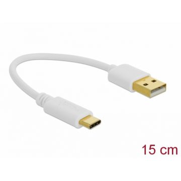 Cablu de incarcare USB-A la USB type C 3A T-T 15cm Alb, Delock 85355