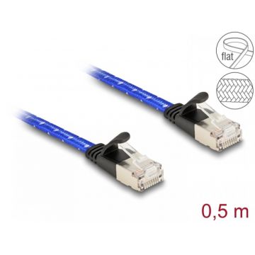 Cablu de retea brodat RJ45 Cat.6A Flat FTP 0.5m Albastru, Delock 80382