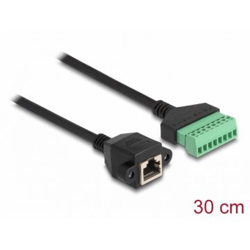 Cablu de retea RJ45 cat.6 la terminal bloc 0.3m Negru, Delock 66054