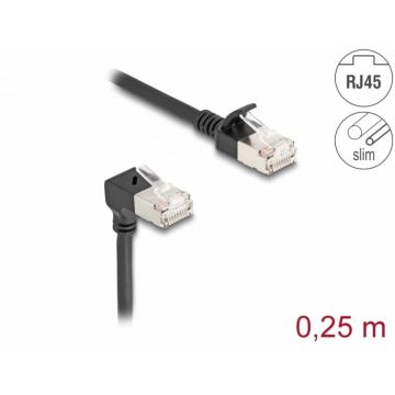 Cablu de retea RJ45 Cat.6A S/FTP Slim unghi 90 grade jos/drept 0.25m Negru, Delock 80303