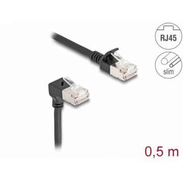 Cablu de retea RJ45 Cat.6A S/FTP Slim unghi 90 grade jos/drept 1m Negru, Delock 80305