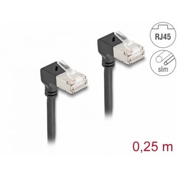 Cablu de retea RJ45 Cat.6A S/FTP Slim unghi 90 grade jos/jos 0.25m Negru, Delock 80297