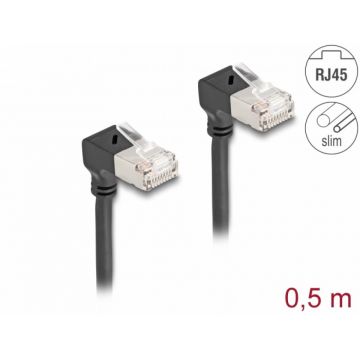 Cablu de retea RJ45 Cat.6A S/FTP Slim unghi 90 grade jos/jos 0.5m Negru, Delock 80298
