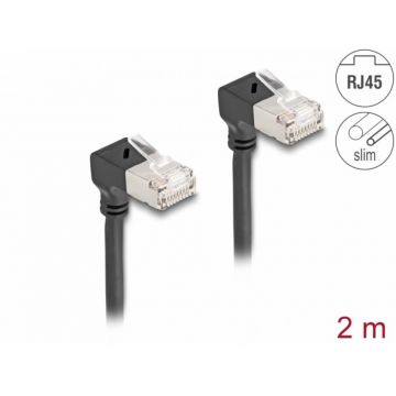 Cablu de retea RJ45 Cat.6A S/FTP Slim unghi 90 grade jos/jos 2m Negru, Delock 80300