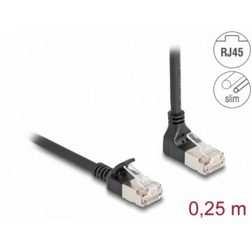 Cablu de retea RJ45 Cat.6A S/FTP Slim unghi 90 grade sus/drept 0.25m Negru, Delock 80285