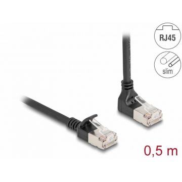 Cablu de retea RJ45 Cat.6A S/FTP Slim unghi 90 grade sus/drept 0.5m Negru, Delock 80286