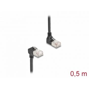 Cablu de retea RJ45 Cat.6A S/FTP Slim unghi 90 grade sus/jos 0.5m Negru, Delock 80292