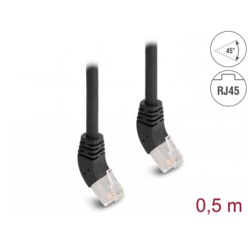 Cablu de retea RJ45 Cat.6A S/FTP unghi sus/sus 45 grade 0.5m Negru, Delock 80260