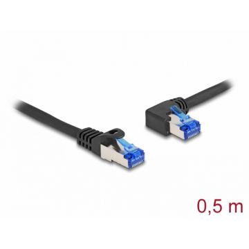 Cablu de retea RJ45 Cat.6A SFTP LSOH drept/unghi 90 grade stanga 0.5m Negru, Delock 80217