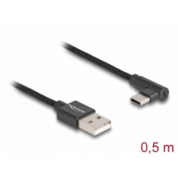 Cablu USB 2.0-A la USB type C unghi T-T 0.5m brodat Negru, Delock 80029