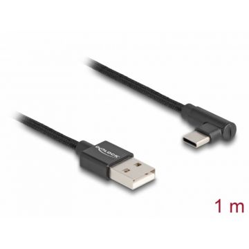 Cablu USB 2.0-A la USB type C unghi T-T 1m brodat Negru, Delock 80030