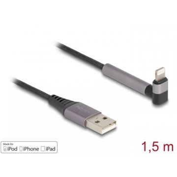 Cablu USB-A la iPhone Lightning drept/unghi MFI T-T 1.5m cu functie de stand, Delock 85404